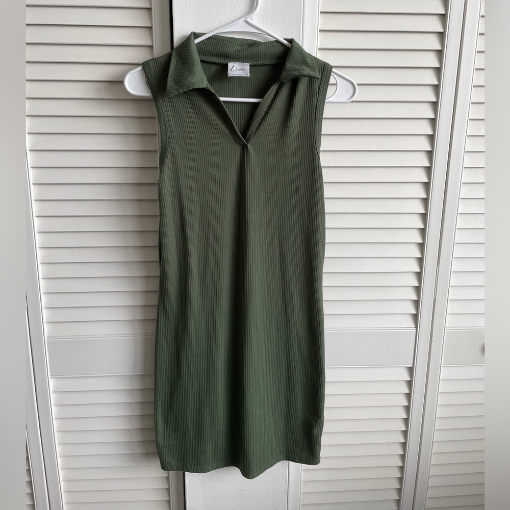 2 FOR $10 SALE - Olive Green Mini Ribbed Polo Collared Dress